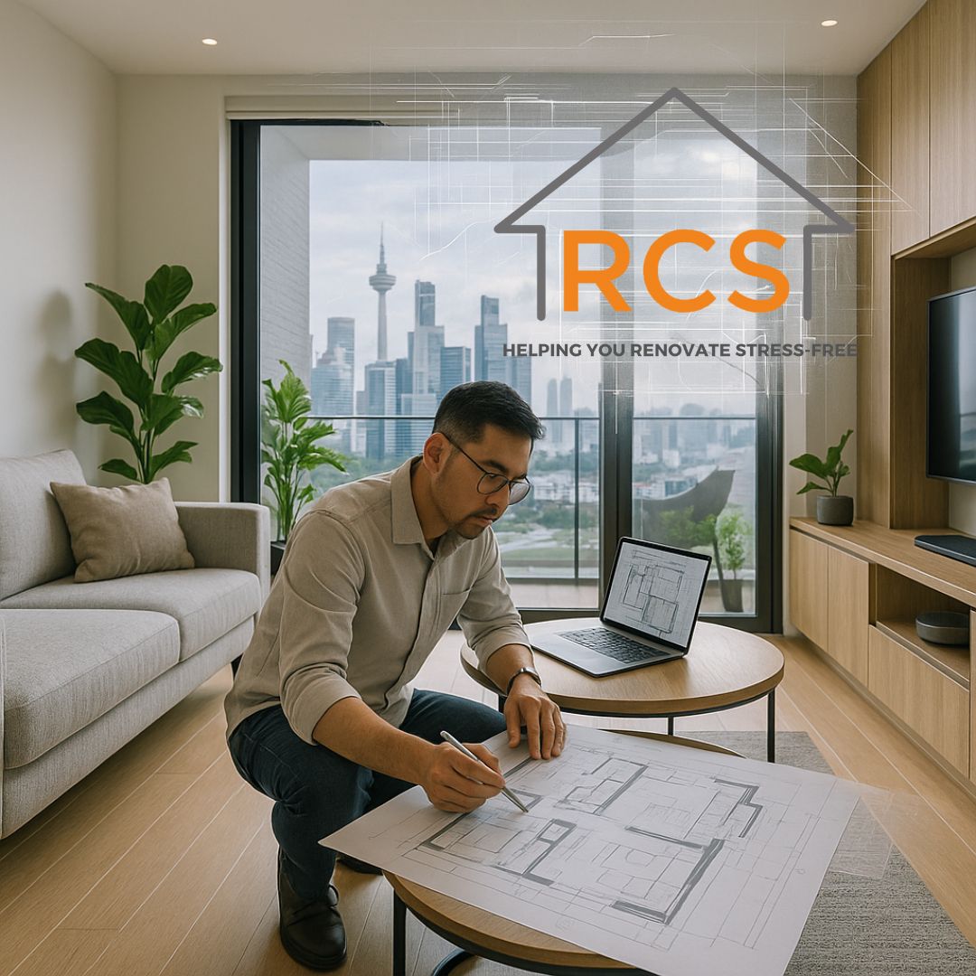 A middle-aged Asian man kneeling on a wooden floor in a modern Singapore living room, studying large architectural blueprints spread on a low table beside a laptop displaying floor plans, with floor-to-ceiling windows framing the city skyline.