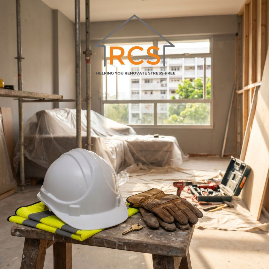 Singapore HDB renovation interior with safety hard hat, hi-vis vest, work gloves and key on wooden stool — renovation insurance and contractor safety concept
