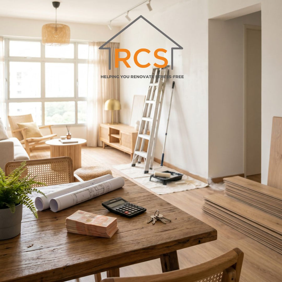 Singapore HDB renovation in progress with SGD cash, calculator, blueprints and house keys on wooden table — renovation loan planning concept