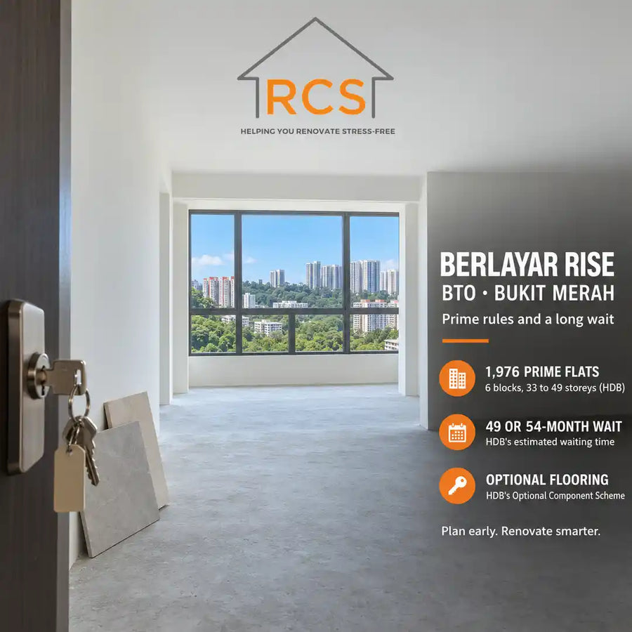 Entrance hall of a new empty Berlayar Rise Prime BTO flat in Bukit Merah, with keys in the door, tile samples against the wall and a window over green hills