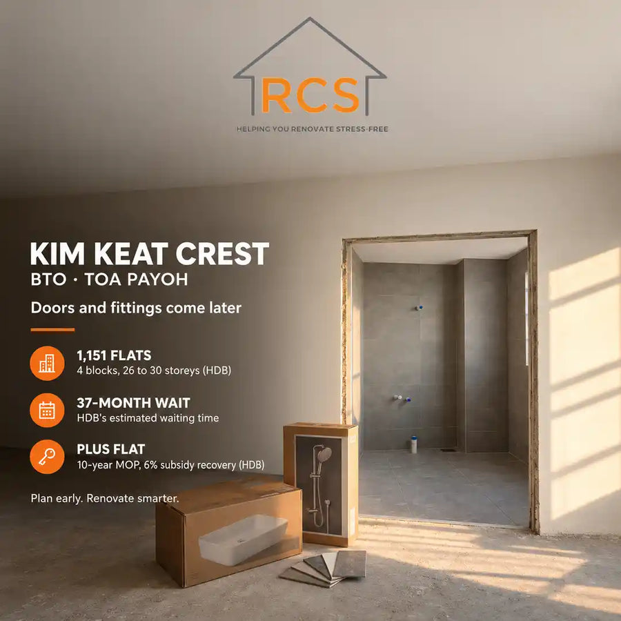 Doorway into the bathroom of a new Kim Keat Crest BTO flat in Toa Payoh with wall tiles but no basin or shower set yet, boxed fittings on the floor