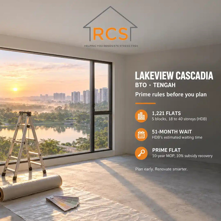 Bare living room of a new Lakeview Cascadia Prime BTO flat in Tengah at sunrise, with a lake view, step ladder, protective floor sheet and paint swatches