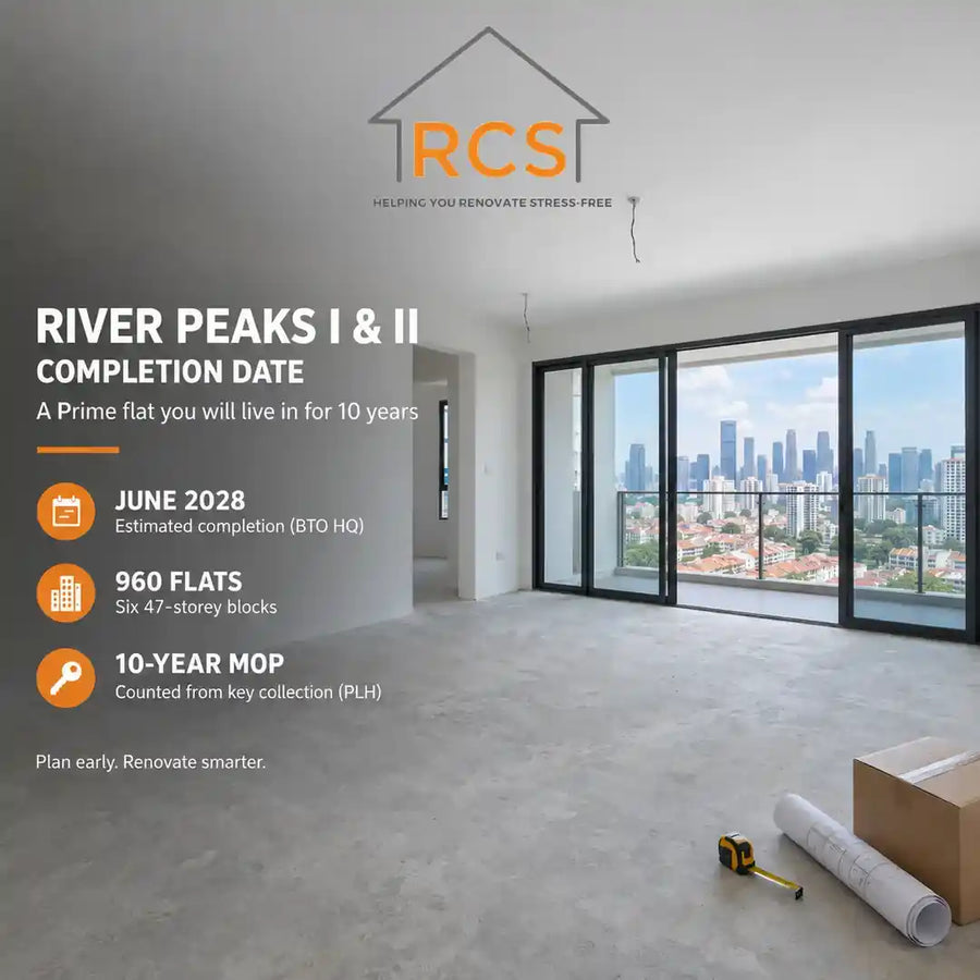 River Peaks completion date June 2028, empty high-floor HDB flat with city view