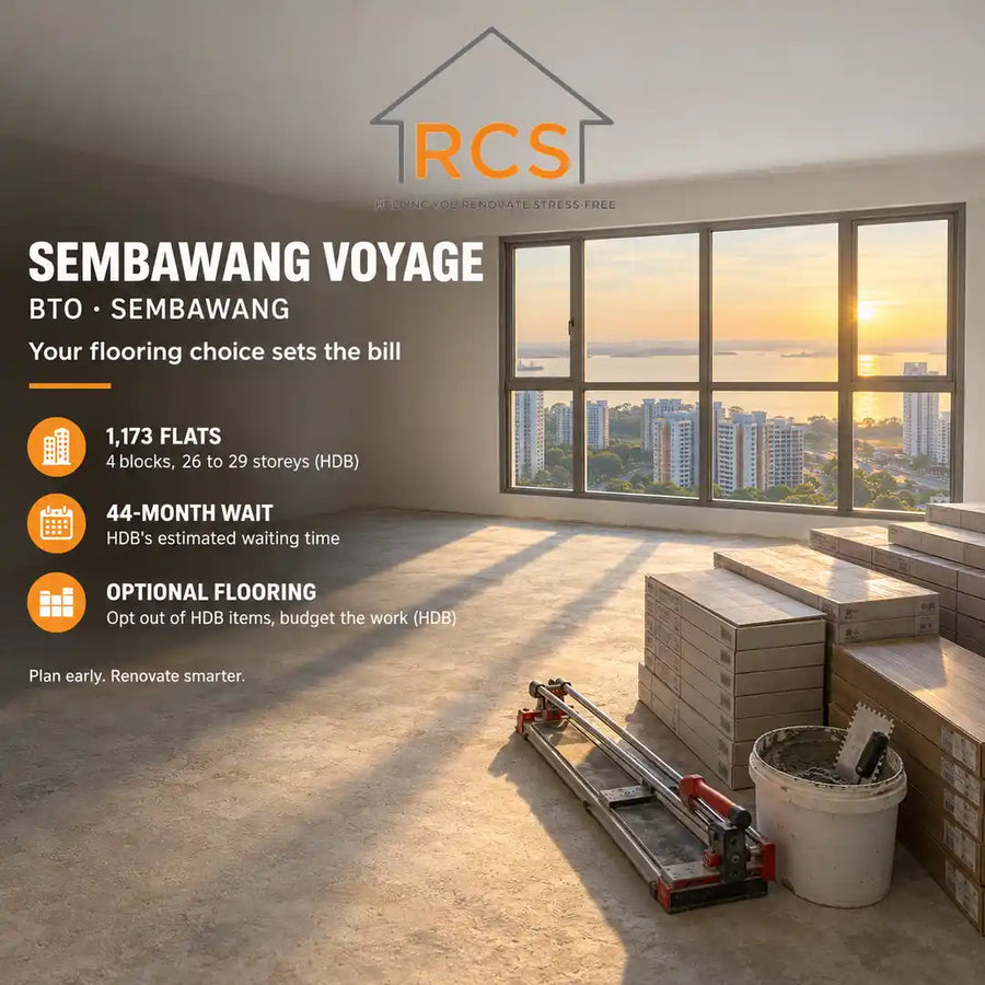 Bare cement floor of a new Sembawang Voyage BTO flat with stacked floor tile and vinyl boxes and a sea view at sunrise