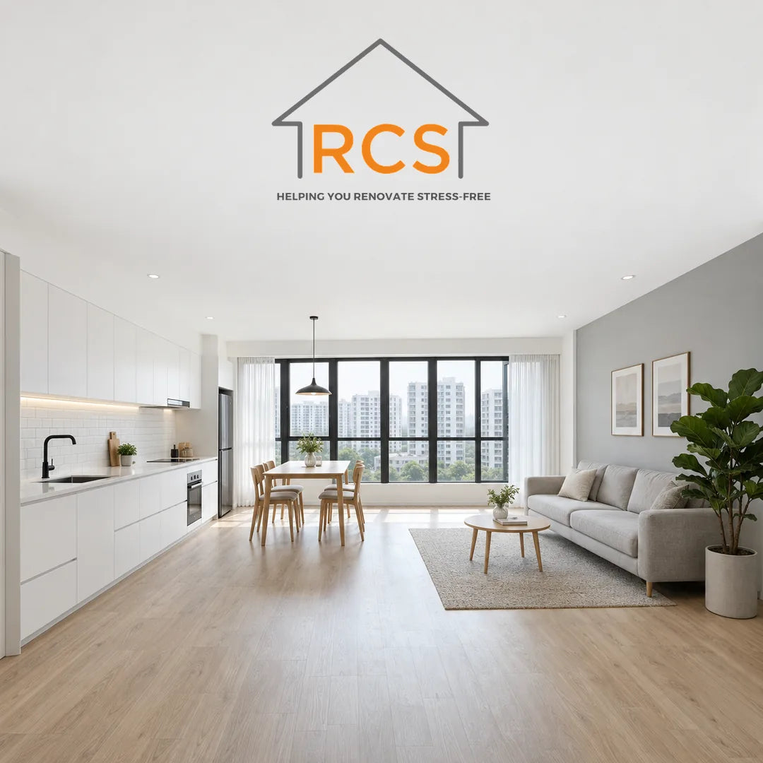 Sun Plaza Spring 4-room HDB flat renovated, 93sqm open living and dining with light oak vinyl flooring and white kitchen