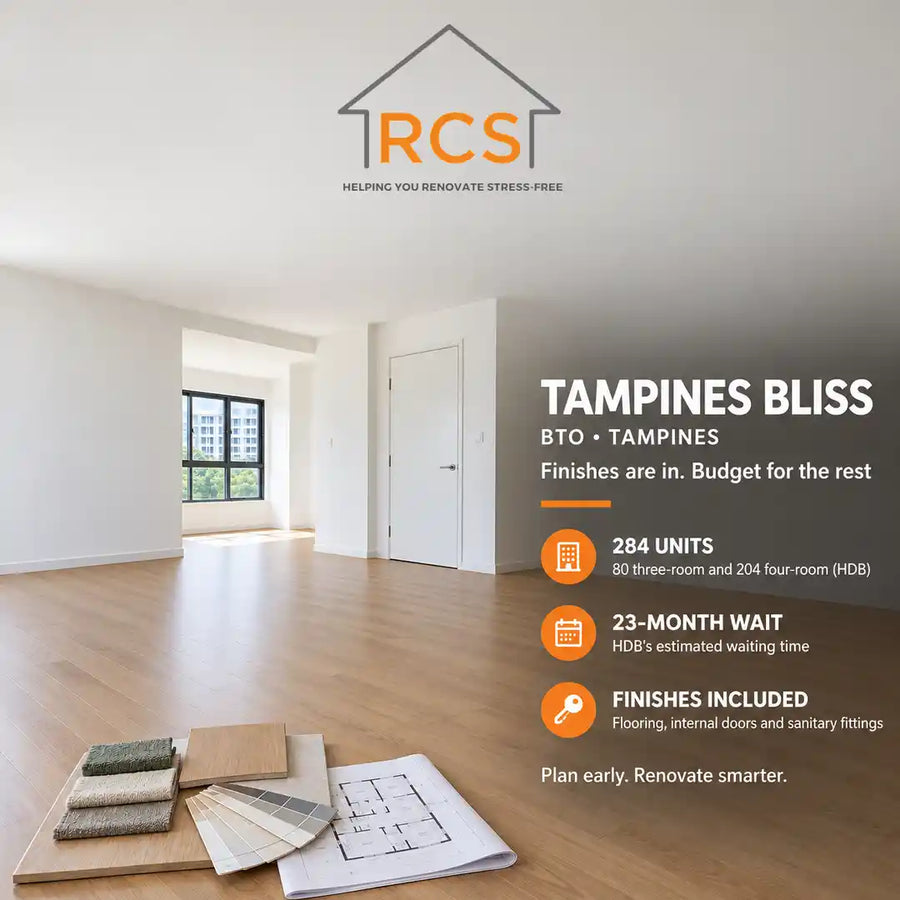 Empty living room of a new Tampines Bliss BTO flat at handover with vinyl flooring and internal doors already installed, and a material mood board on the floor