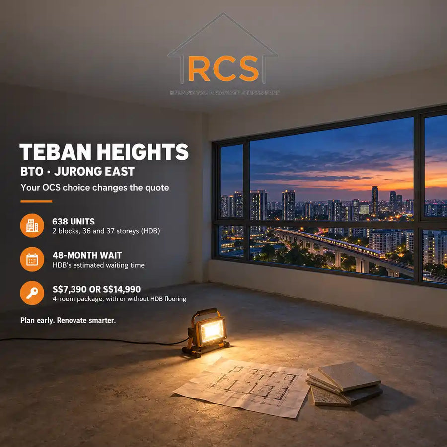 Empty high-floor living room of a new Teban Heights BTO flat in Jurong East at dusk, with city lights, a work lamp, floor plan and tile samples on the floor