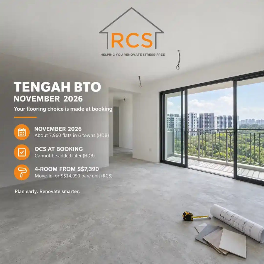 Tengah BTO November 2026 flooring choice at booking, empty new HDB flat with screed floor