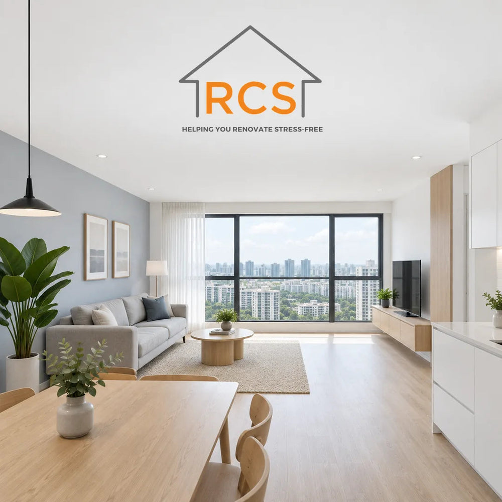 Towner Residences 4-room HDB flat renovated, 93sqm living room on a high floor with Singapore skyline through black-framed windows