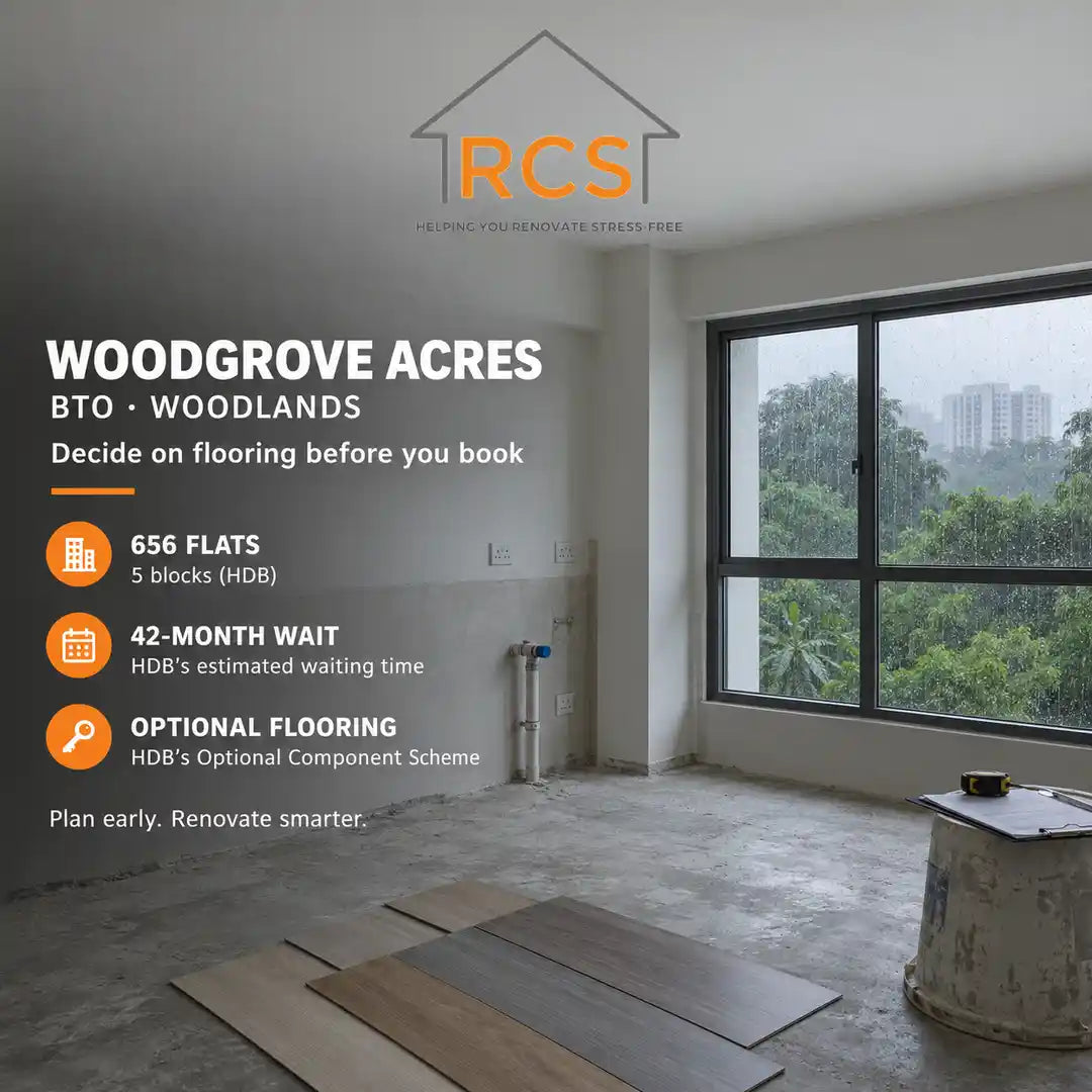 Bare kitchen of a new Woodgrove Acres BTO flat in Woodlands on a rainy afternoon, with vinyl flooring samples on the screed floor and a capped water pipe