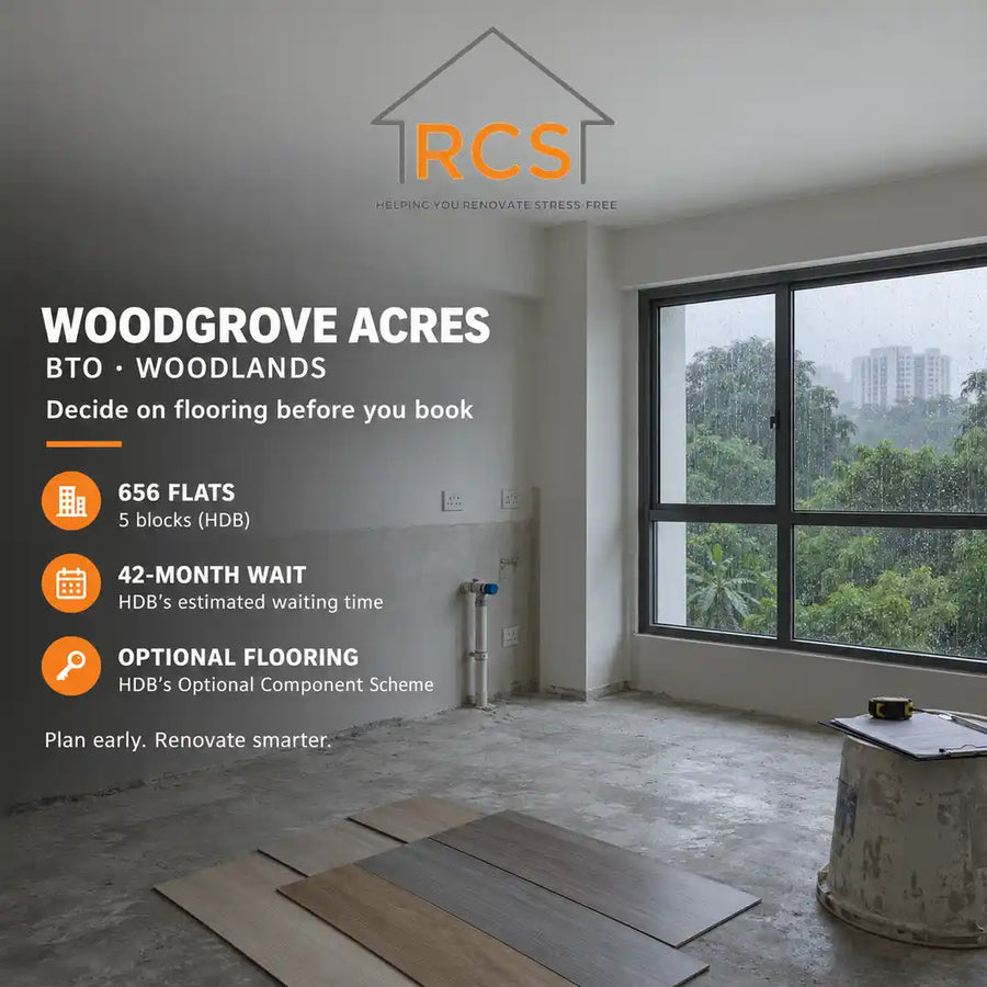 Bare kitchen of a new Woodgrove Acres BTO flat in Woodlands on a rainy afternoon, with vinyl flooring samples on the screed floor and a capped water pipe