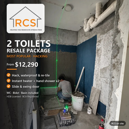 RCS worker tiling an HDB toilet after hacking and waterproofing, resale toilet renovation package