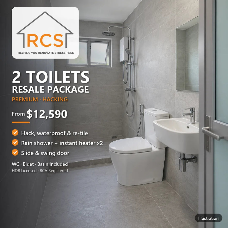 Illustration of hacked resale HDB toilet with drop kerb shower, rain shower and instant heater