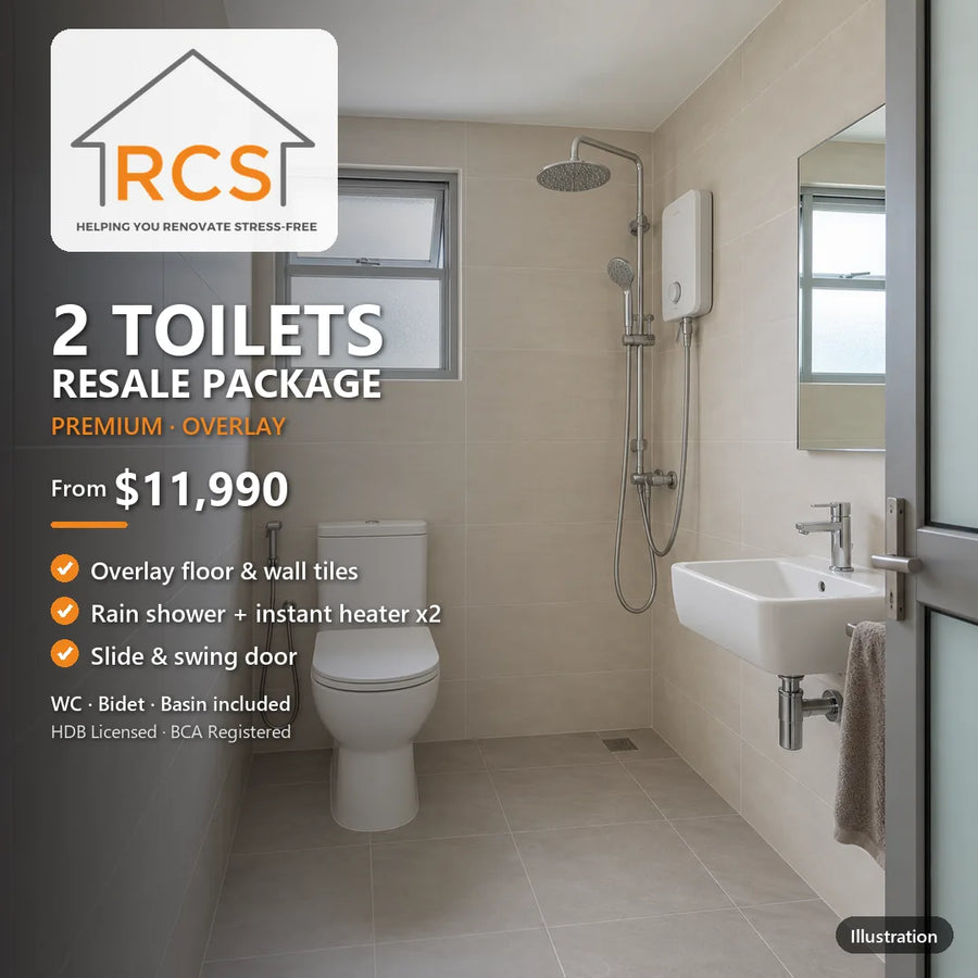 Illustration of premium resale HDB toilet renovation with overlay tiles, rain shower and instant heater